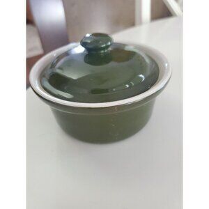 Vintage Hall Individual Ramekin Casserole Round Baking Dish Lid Green White 63